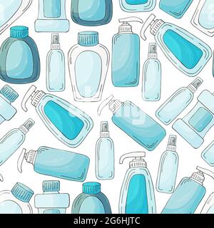 Seamless pattern. Set of bathroom elements in hand draw style on a white background. Collection of packages, tubes. Antiseptic, toothpaste Stock Vector