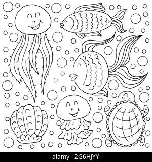 Set of icons in hand draw style. Liner illustration. Collection of drawings on the marine theme. Fish, turtles, jellyfish Stock Vector