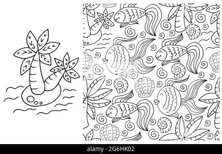 Contour Set of element and seamless pattern. ideal for children's clothing. Palm tree and background with marine elements. Cute Stock Vector