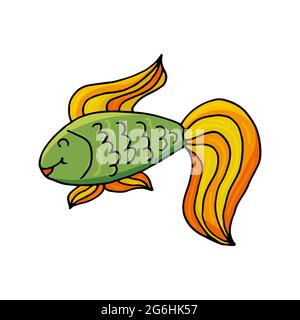 Fish beautiful. Marine theme icon in hand draw style. Cute childish illustration of sea life. Icon, badge, sticker, print for clothes Stock Vector