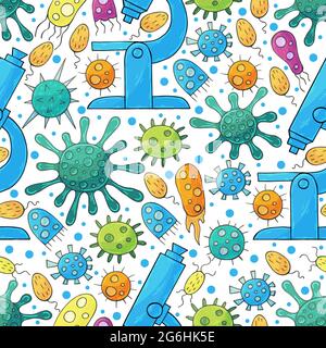 Seamless pattern bacteria, microbes. Search for viruses, microscope. Cartoon microbes in hand draw style. Coronavirus, microorganisms Stock Vector