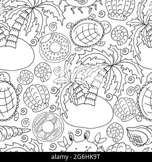 Vector Seamless pattern in hand draw style. Liner illustration. Pattern, background on the marine theme. Palm trees, turtles Stock Vector