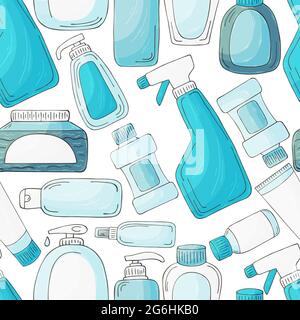 Collection of packages, tubes. Antiseptic, toothpaste. Seamless pattern. Set of bathroom elements in hand draw style on a white background Stock Vector
