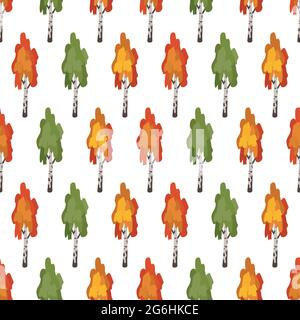 Seamless pattern with green, red and orange birch trees Stock Vector