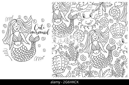 Contour Set of element and seamless pattern. ideal for children's clothing. Mermaid and background with seashells and sea elements. Cute mermaid Stock Vector
