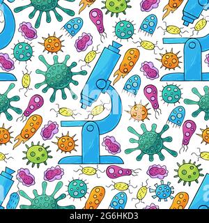 Seamless pattern bacteria and microbes. Search for viruses, microscope. Cartoon microbes in hand draw style. Coronavirus, microorganisms Stock Vector