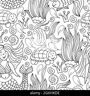 Vector Seamless pattern in hand draw style. Liner illustration. Pattern, background on the marine theme. Mermaid, turtles, seaweed Stock Vector