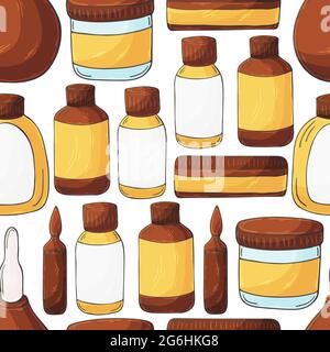Seamless pattern on a white background. Cartoon medical instruments in hand draw style. Medicines Stock Vector