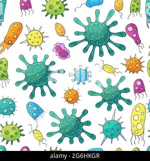 Seamless pattern with bacteria and viruses. Vector design elements. Set of cartoon microbes in hand draw style. Coronavirus, bacteria, microorganisms Stock Vector
