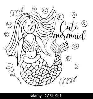 Cute postcard in hand draw style. Liner illustration. Picture on the marine theme. Cute mermaid Stock Vector