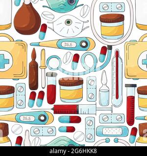 Seamless pattern. Cartoon medical instruments in hand draw style. Masks, medicines, medical case Stock Vector