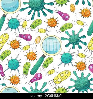 Vector Seamless pattern bacteria and microbes. Search for viruses, magnifier. Cartoon microbes in hand draw style. Coronavirus, viruses, bacteria Stock Vector