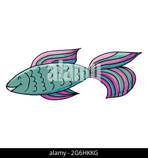 Cute fish. Marine theme icon in hand draw style. Cute childish illustration of sea life. Icon, badge, sticker, print for clothes Stock Vector