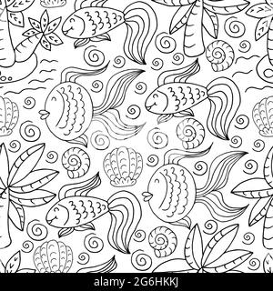 Vector Seamless pattern in hand draw style. Liner illustration. Pattern, background on the marine theme. Palm trees, fish Stock Vector
