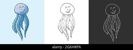 Icon set. Jellyfish. Marine theme icon in hand draw style. Cute childish illustration of sea life. Icon, badge, sticker, print for clothes Stock Vector