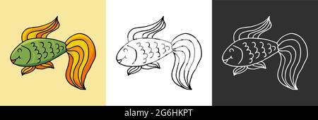 Icon set. Fish beautiful. Marine theme icon in hand draw style. Cute childish illustration of sea life. Icon, badge, sticker, print for clothes Stock Vector