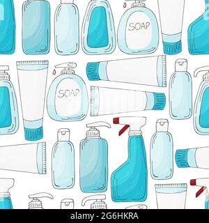 Seamless pattern. Set of bathroom elements in hand draw style on a white background. Collection of cans, tubes. Antiseptic, toothpaste, gel, soap Stock Vector