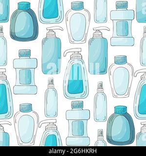 Seamless pattern. Set of bathroom elements in hand draw style on a white background. Collection of packages, tubes. Antiseptic, toothpaste, gel Stock Vector