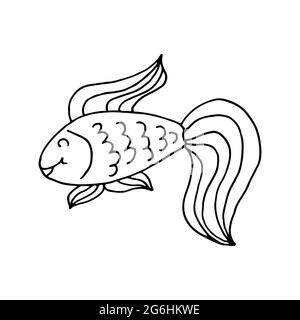 Contour. Fabulous fish. Marine theme icon in hand draw style. Cute childish illustration of sea life. Icon, badge, sticker, print for clothes Stock Vector