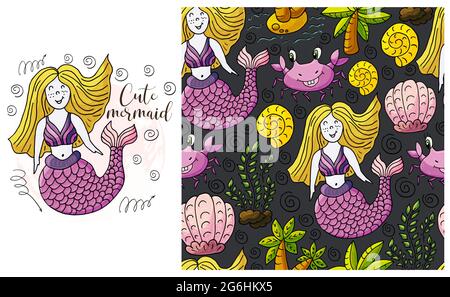 Set of element and seamless pattern. ideal for children's clothing. Mermaid and background with seashells and sea elements. Cute mermaid Stock Vector