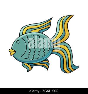 Beautiful fish. Marine theme icon in hand draw style. Cute childish illustration of sea life. Icon, badge, sticker, print for clothes Stock Vector