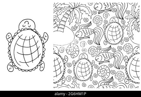 Contour Set of element and seamless pattern. ideal for children's clothing. Turtle and background with marine elements. Cute illustrations Stock Vector
