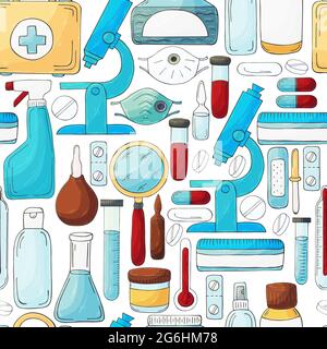 Seamless pattern on a white background. Cartoon medical instruments in hand draw style. Microscope, laboratory instruments Stock Vector