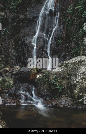 Take a close look at the waterfall in the interior of the forest Stock Photo