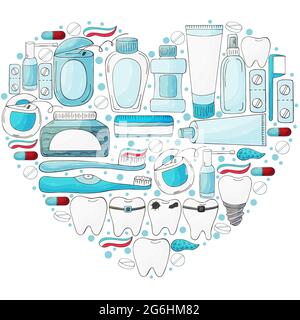 Heart set of design elements. Set of elements for the care of the oral cavity in hand draw style. Teeth cleaning, dental health. Teeth, floss, brush, Stock Vector