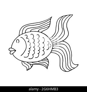 Contour. Beautiful fish. Marine theme icon in hand draw style. Cute childish illustration of sea life. Icon, badge, sticker, print for clothes Stock Vector