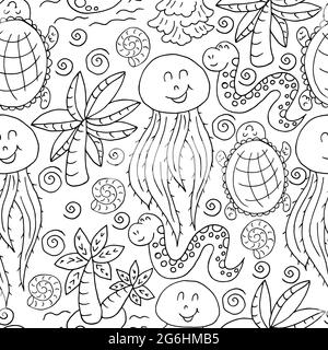 Vector Seamless pattern in hand draw style. Liner illustration. Pattern, background on the marine theme. Palm trees, jellyfish, turtles Stock Vector