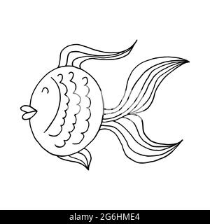 Contour. Magic fish. Marine theme icon in hand draw style. Cute childish illustration of sea life. Icon, badge, sticker, print for clothes Stock Vector