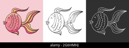 Icon set. Magic fish. Marine theme icon in hand draw style. Cute childish illustration of sea life. Icon, badge, sticker, print for clothes Stock Vector