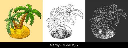 Icon set. Island with palm trees. Marine theme icon in hand draw style. Cute childish illustration of sea life. Icon, badge, sticker, print for clothe Stock Vector