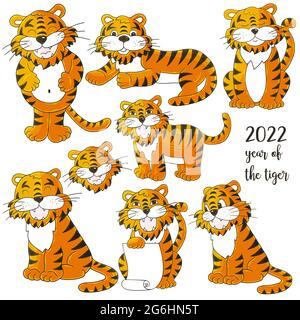 Symbol of 2022. Set of tigers in hand draw style. Faces of tigers. New Year 2022. Collection of cute vector illustrations Stock Vector