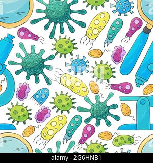 Seamless pattern bacteria and microbes. Search for viruses, microscope, magnifier. Cartoon microbes in hand draw style. Coronavirus, viruses, bacteria Stock Vector