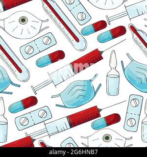 Seamless pattern on a white background. Cartoon medical instruments in hand draw style. Mask, syringe, pills Stock Vector