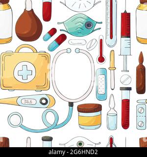Seamless pattern on a white background. Cartoon medical instruments in hand draw style. Masks, medicines, medical case, stethoscope Stock Vector