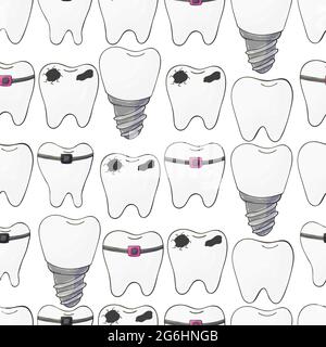 Seamless pattern on a white background. Cartoon teeth in hand draw style. Background for packaging, advertising. Healthy teeth, caries, braces, prosth Stock Vector