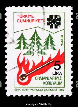MOSCOW, RUSSIA - APRIL 28, 2020: Postage stamp printed in Turkey shows Matches and forest,  TR2517 imprinted, Definitive Postage Stamps serie, circa 1 Stock Photo