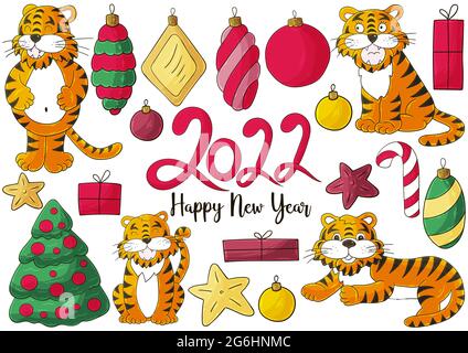 Symbol of 2022. Set of tigers and new year elements in hand draw style. Collection of vector illustrations Stock Vector