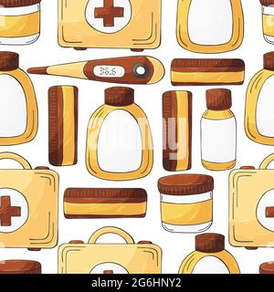 Seamless pattern. Cartoon medical instruments in hand draw style. Medical case, thermometer, drugs Stock Vector