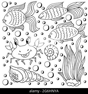 Set of icons in hand draw style. Liner illustration. Collection of drawings on the marine theme. Fish, crab, seaweed Stock Vector