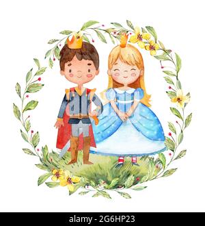 Watercolor illustration of a cute little prince and princess in a blue dress. Little girl and boy surrounded by watercolor floral wreath. Isolated. Stock Photo