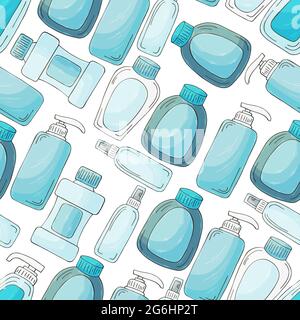 Seamless pattern. Set of bathroom elements in hand draw style on a white background. Collection of cans, packages. Antiseptic, toothpaste, gel Stock Vector