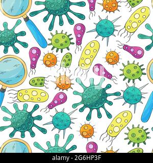 Vector Seamless pattern bacteria and microbes. Search for viruses, magnifier. Cartoon microbes in hand draw style. Coronavirus, viruses Stock Vector