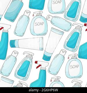 Seamless pattern. Set of bathroom elements in hand draw style on a white background. Collection of cans, packages, tubes. Antiseptic, toothpaste, gel Stock Vector