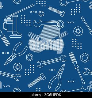 Vector seamless pattern Illustration Construction tools. Repair background. Pliers for gripping and manipulating, wrench, screwdriver, bolt, washer, n Stock Vector