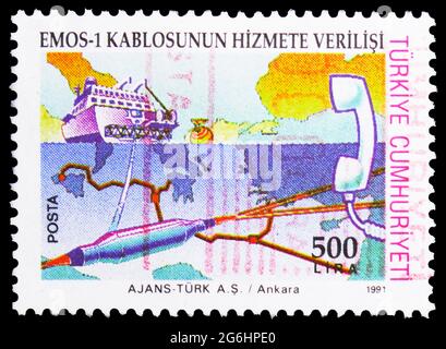 MOSCOW, RUSSIA - APRIL 28, 2020: Postage stamp printed in Turkey shows Emos-1, Submarine Cable Network serie, circa 1991 Stock Photo