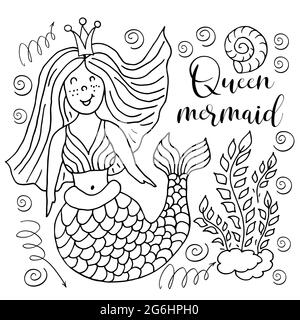 Cute postcard in hand draw style. Liner illustration. Picture on the marine theme. Cute queen mermaid Stock Vector